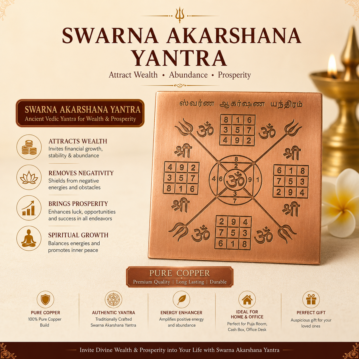 Swarna Akarshana Bhairava Yantra 2x2 Inches, Copper Yantra,